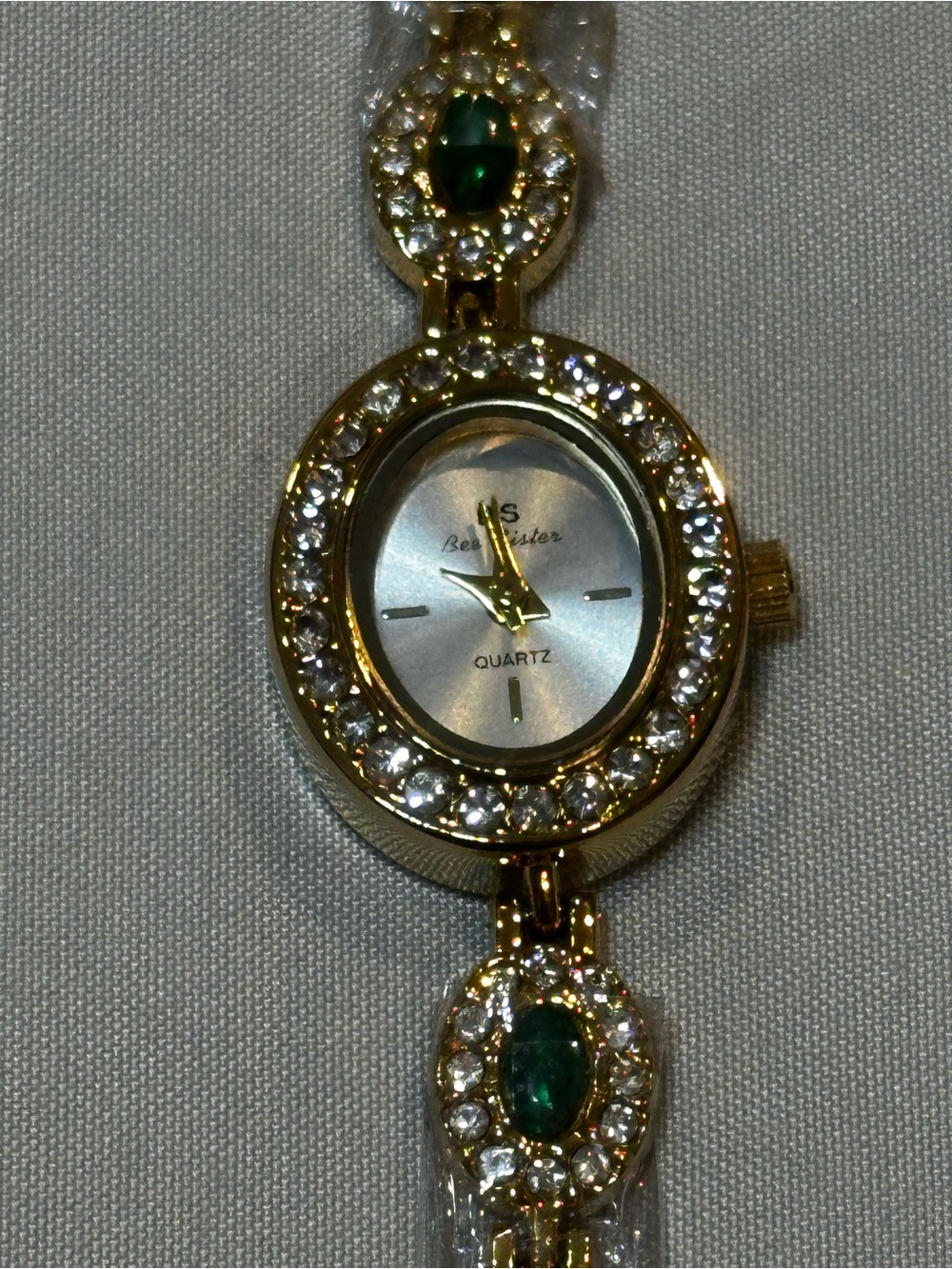Vintage Inspired Dainty Gold-Tone Ladies Bracelet Watch with Green Stone Accents - Picture 12 of 14